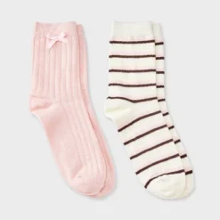 Women's Pointelle With Bow & Striped 2pk Mid Crew Socks - Wild Fable™ -Trendy Wear Women Store GUEST 040c8195 3f0c 4c90 9af8 86b19adb4399