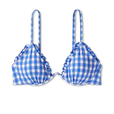 Women's Ruffle Trim Textured Underwire Bikini Top - Wild Fable™ Cobalt Blue Gingham Print 5 Women's Ruffle Trim Textured Underwire Bikini Top - Wild Fable™ Cobalt Blue Gingham Print - Image 5