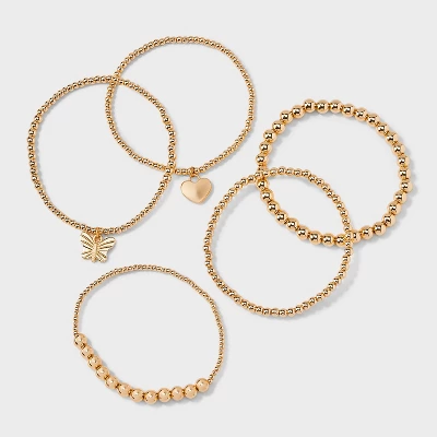 Butterfly And Heart Charm Stretch Bracelet Set 5pc - Wild Fable™ Gold 2 Butterfly And Heart Charm Stretch Bracelet Set 5pc - Wild Fable™ Gold - Image 2