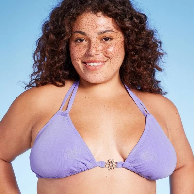 Women's Flower Charm Lurex Plisse Textured Triangle Bikini Top - Wild Fable™ Purple 2 Women's Flower Charm Lurex Plisse Textured Triangle Bikini Top - Wild Fable™ Purple - Image 2