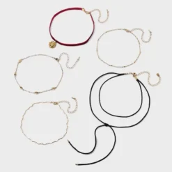 Hearts Rose And Velvet Choker Necklace Set 5pc - Wild Fable⢠Gold