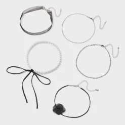 Crystal Faux Pearl & Ribbon Choker Necklace Set 5pc - Wild Fable⢠Black/Silver
