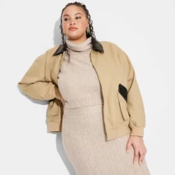 Women's Canvas & Faux Leather Bomber Jacket - Wild Fable™ Tan -Trendy Wear Women Store GUEST 6b0b0c0f bc22 4804 9319 1be449012b56