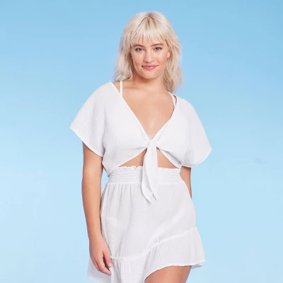 Women's Tie-Front Cover Up Short Sleeve Crop Top - Wild Fable™ White 2 Women's Tie-Front Cover Up Short Sleeve Crop Top - Wild Fable™ White - Image 2