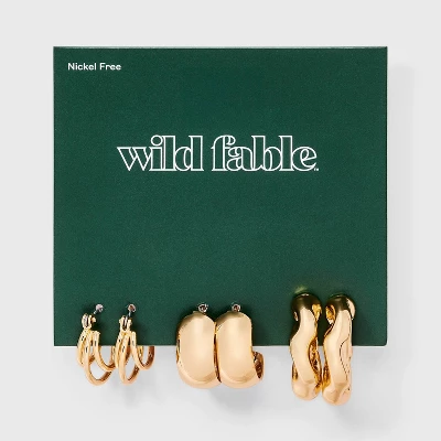 Wide And Chunky Twist Earring Set 3pc - Wild Fable™ Gold: Nickel-Free Metal, Clip-In Clasp, Hoop Style 1 Wide And Chunky Twist Earring Set 3pc - Wild Fable™ Gold: Nickel-Free Metal, Clip-In Clasp, Hoop Style