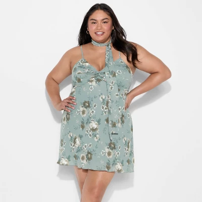 Women's Twist Front Scarf Mini Dress - Wild Fable™ Dark Green Floral 4 Women's Twist Front Scarf Mini Dress - Wild Fable™ Dark Green Floral - Image 4