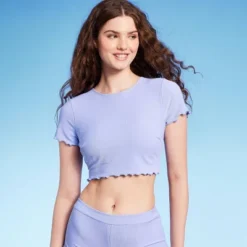 Women's Ruffle Detail Ribbed Short Sleeve Cropped Rashguard - Wild Fable™ Purple -Trendy Wear Women Store GUEST ae778006 d718 4b51 af3b 2a50e3c3e5f4