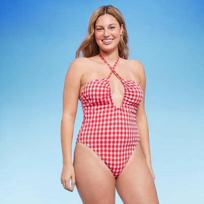 Women's Keyhole Cross Front Halter Ultra High Leg Cheeky One Piece Swimsuit - Wild Fable™ Red 2 Women's Keyhole Cross Front Halter Ultra High Leg Cheeky One Piece Swimsuit - Wild Fable™ Red - Image 2