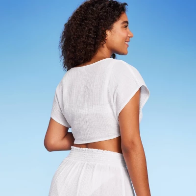 Women's Tie-Front Cover Up Short Sleeve Crop Top - Wild Fable™ White 1 Women's Tie-Front Cover Up Short Sleeve Crop Top - Wild Fable™ White