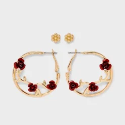Flower Rose Vine Hoop Earring Set 2pc - Wild Fable™ Gold/Red -Trendy Wear Women Store GUEST eaf122a2 2584 4f5c 8b92 3ba8e9614b10