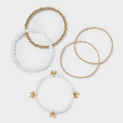 Beaded And Pearl Bow Charm Bracelet Set 5pc - Wild Fable™ Gold 2 Beaded And Pearl Bow Charm Bracelet Set 5pc - Wild Fable™ Gold - Image 2